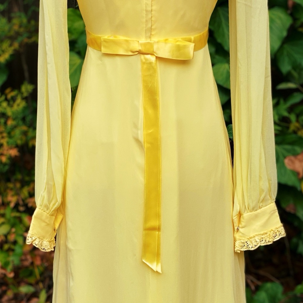 70's Pastel Yellow Embroidered Floral Chiffon Maxi - Picture 8 of 12